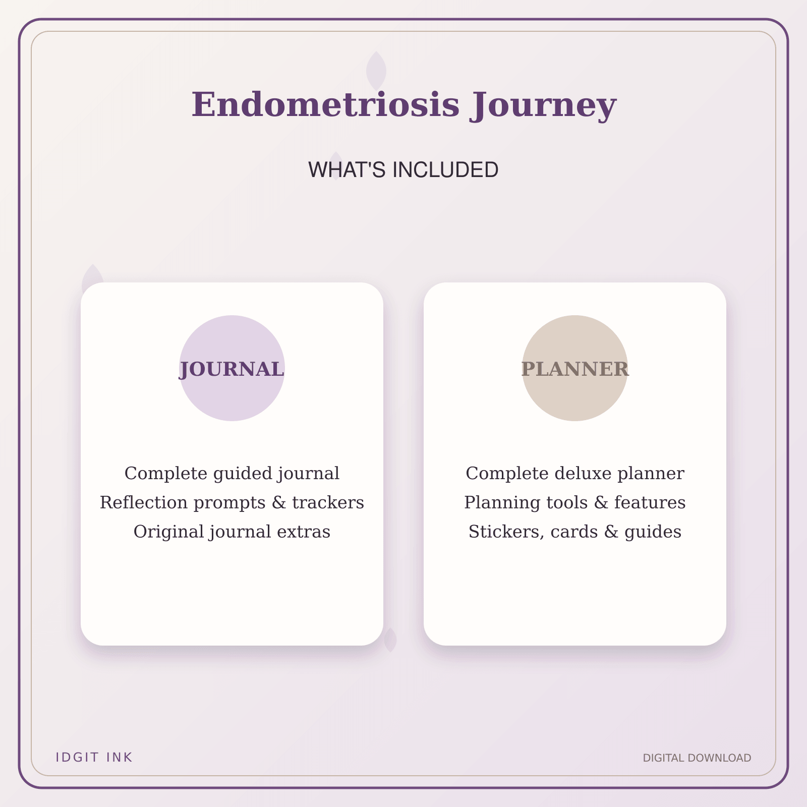 Idgit Ink Endometriosis Journey deluxe journal and planner bundle — complete journal and planner bundle contents