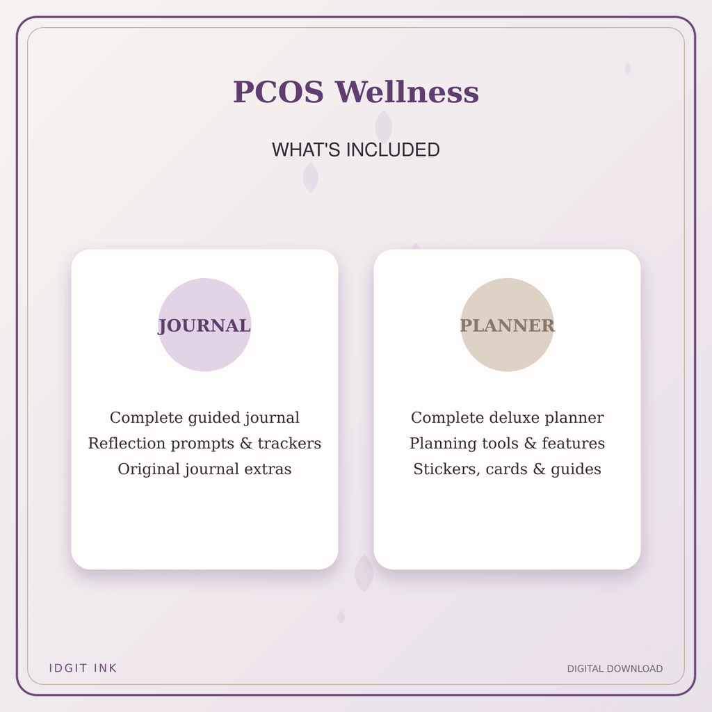 Idgit Ink PCOS Wellness deluxe journal and planner bundle — complete journal and planner bundle contents