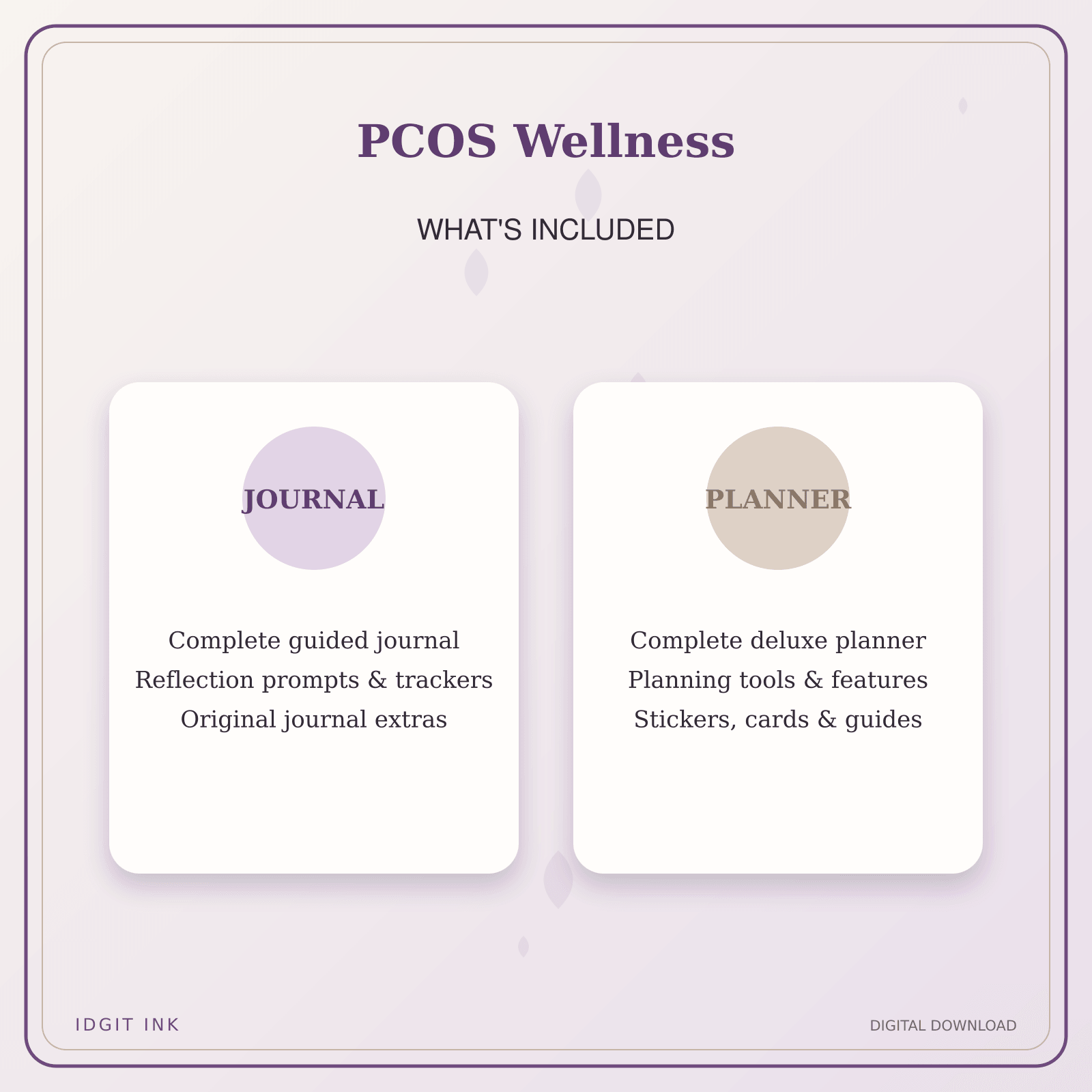 Idgit Ink PCOS Wellness deluxe journal and planner bundle — complete journal and planner bundle contents