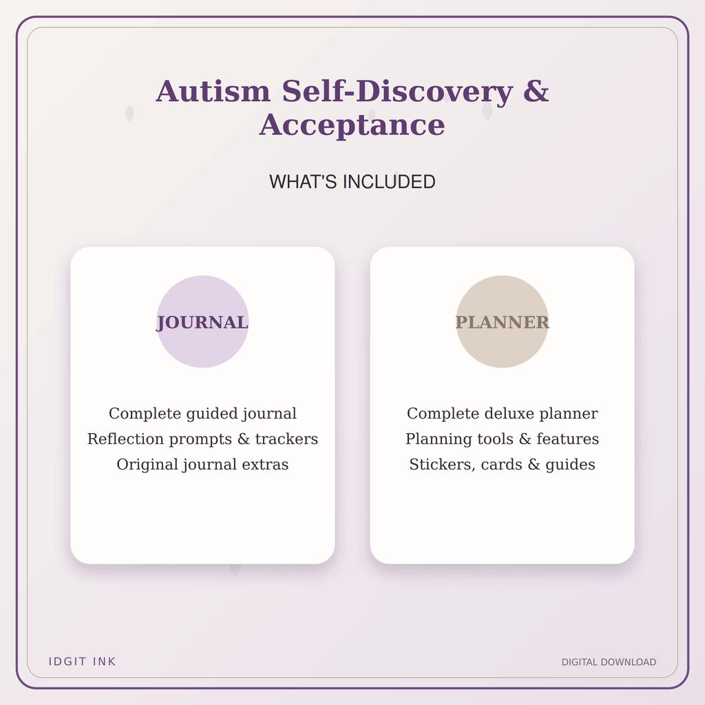 Idgit Ink Autism Self-Discovery & Acceptance deluxe journal and planner bundle — complete journal and planner bundle contents