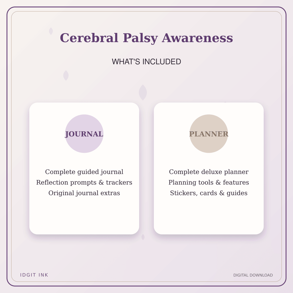 Idgit Ink Cerebral Palsy Awareness deluxe journal and planner bundle — complete journal and planner bundle contents