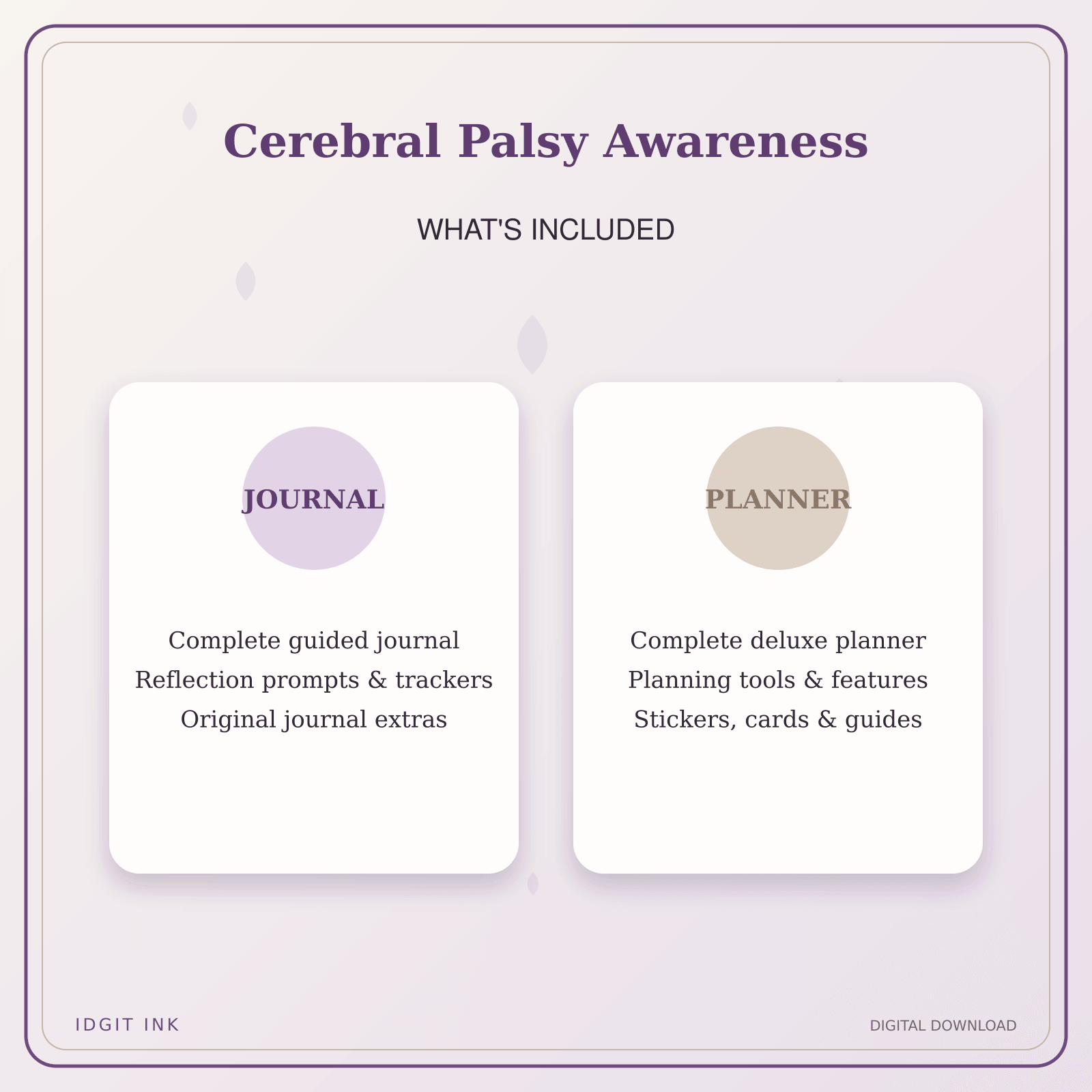 Idgit Ink Cerebral Palsy Awareness deluxe journal and planner bundle — complete journal and planner bundle contents