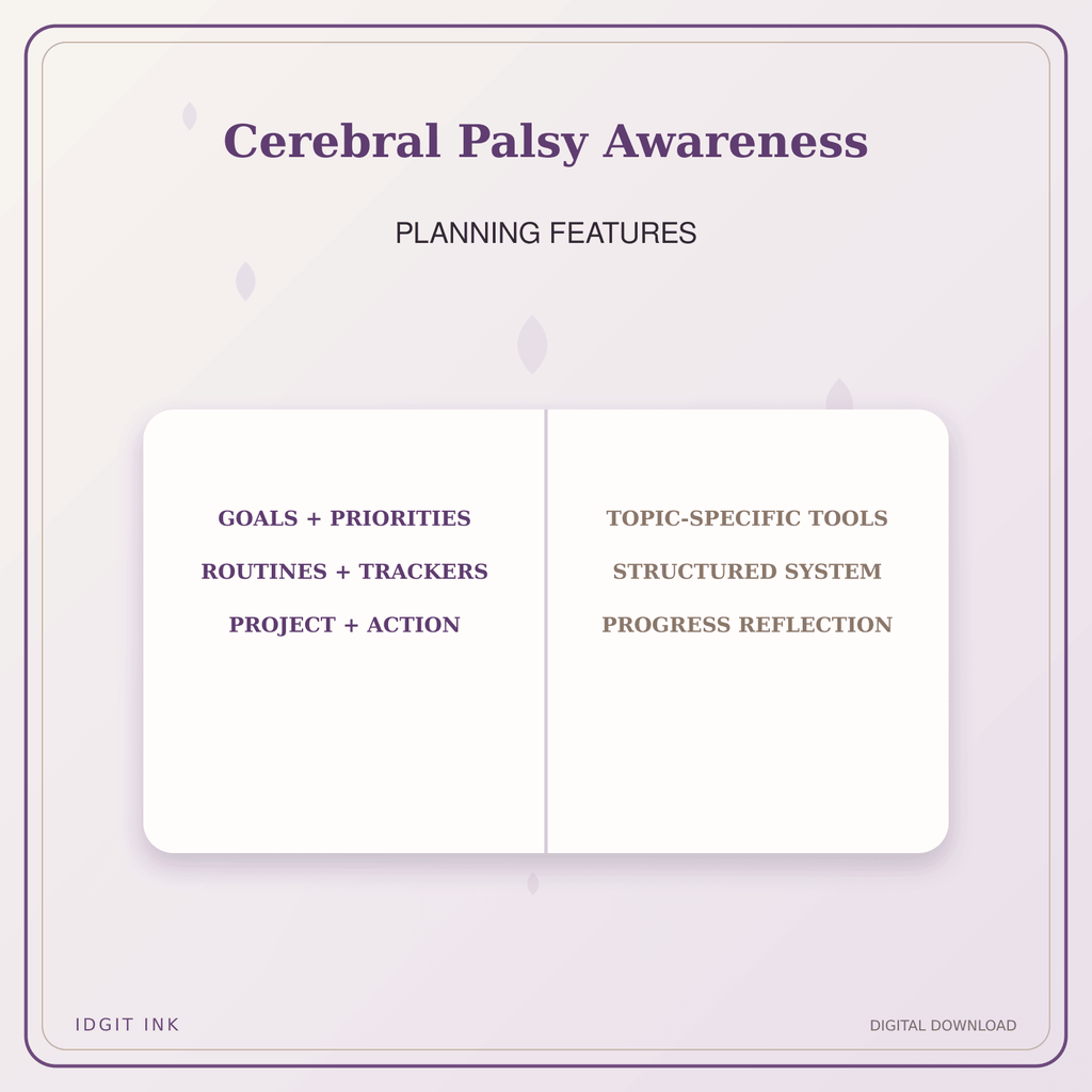 Idgit Ink Cerebral Palsy Awareness deluxe journal and planner bundle — planner organization and planning features