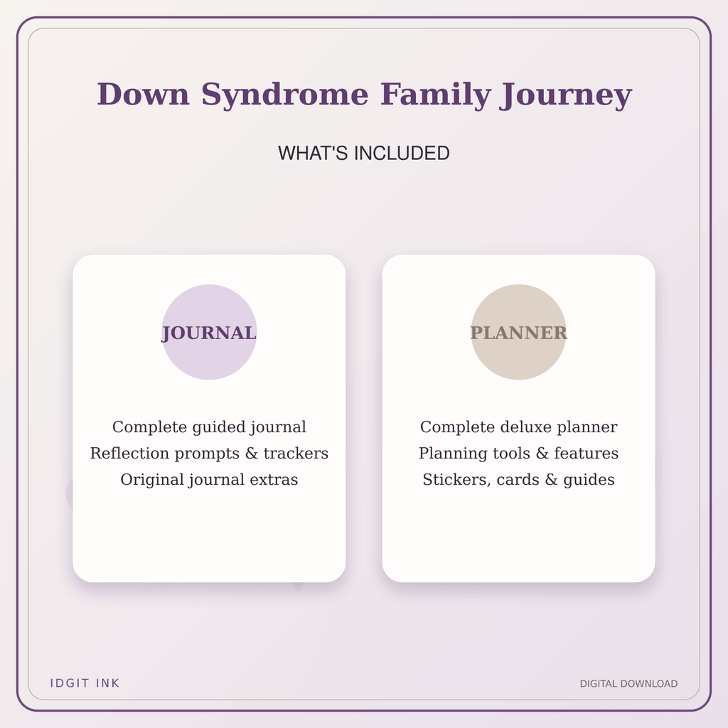 Idgit Ink Down Syndrome Family Journey deluxe journal and planner bundle — complete journal and planner bundle contents