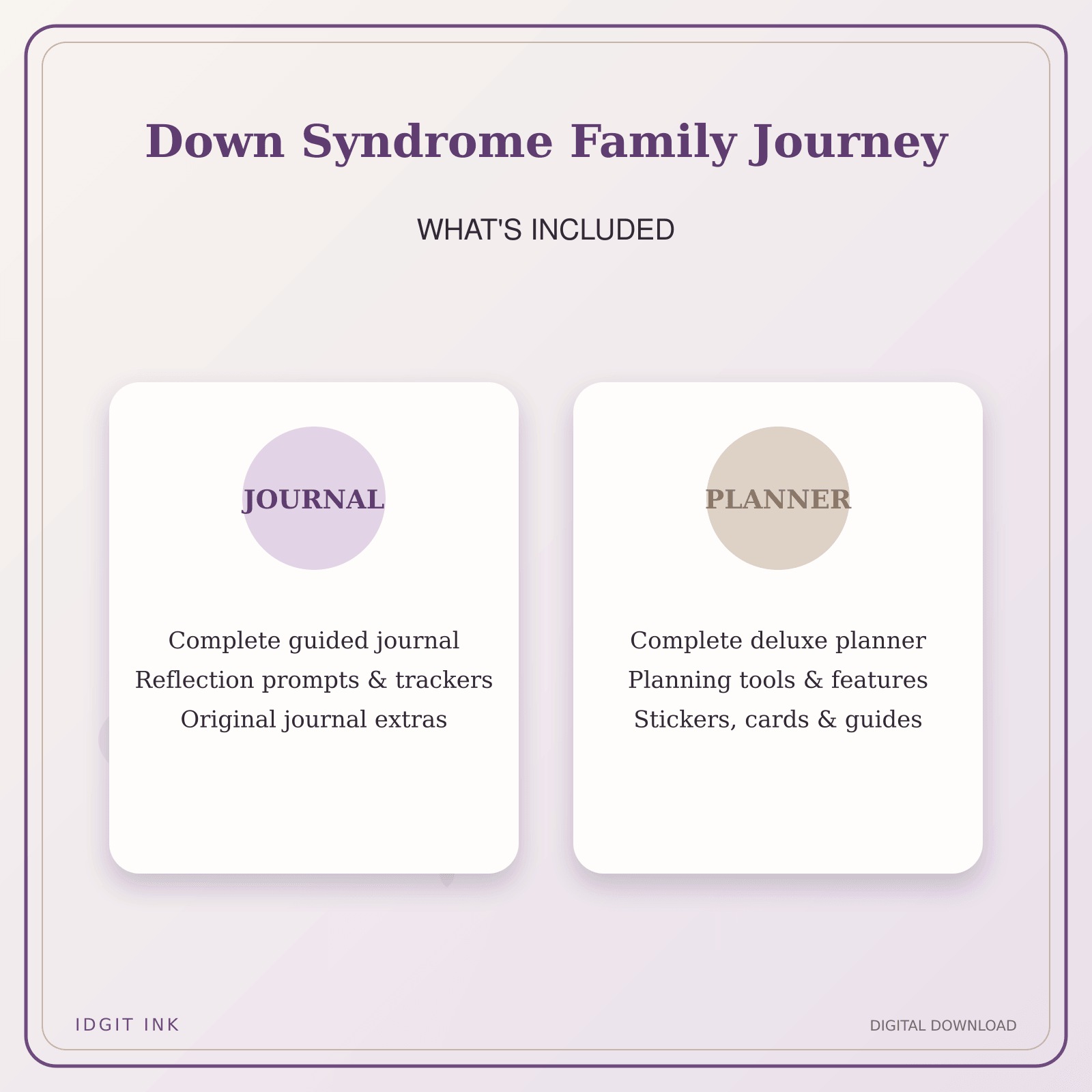 Idgit Ink Down Syndrome Family Journey deluxe journal and planner bundle — complete journal and planner bundle contents