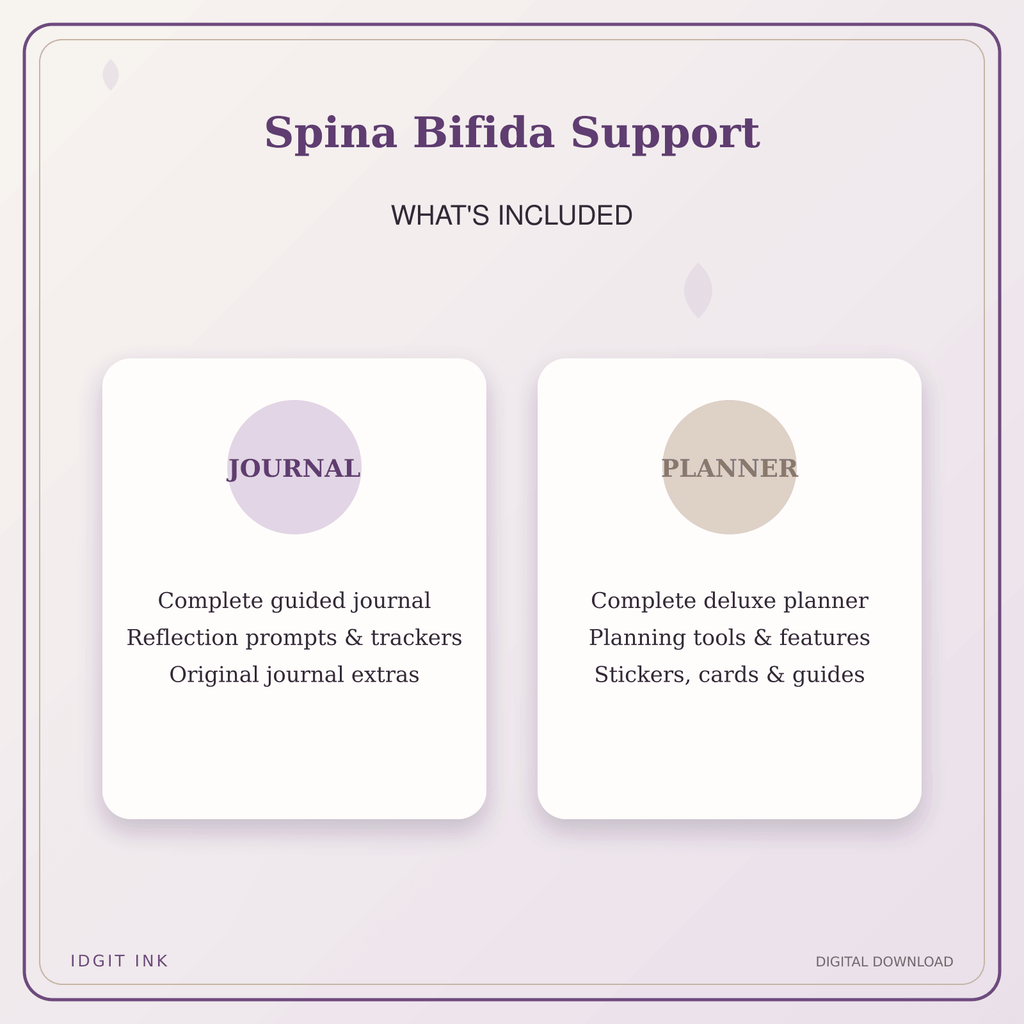 Idgit Ink Spina Bifida Support deluxe journal and planner bundle — complete journal and planner bundle contents
