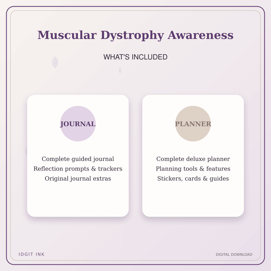Idgit Ink Muscular Dystrophy Awareness deluxe journal and planner bundle — complete journal and planner bundle contents