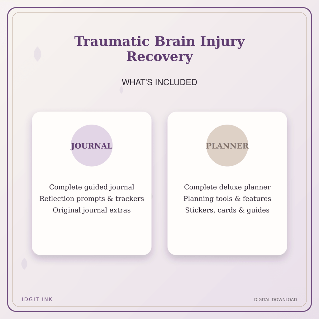Idgit Ink Traumatic Brain Injury Recovery deluxe journal and planner bundle — complete journal and planner bundle contents