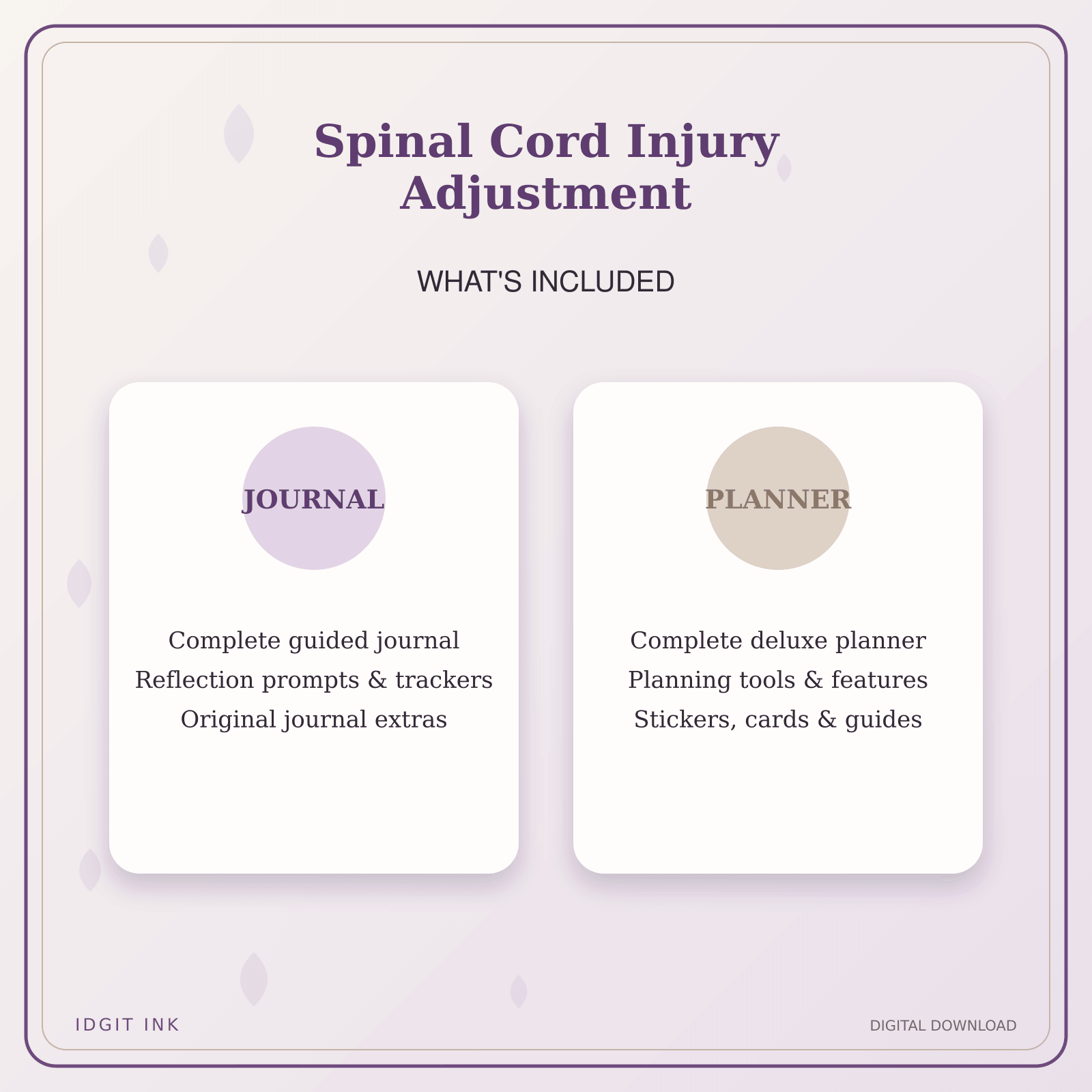 Idgit Ink Spinal Cord Injury Adjustment deluxe journal and planner bundle — complete journal and planner bundle contents