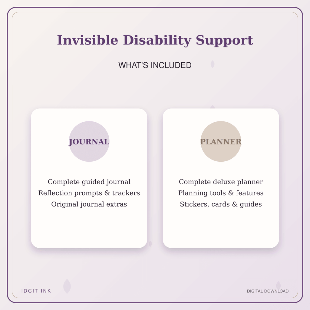 Idgit Ink Invisible Disability Support deluxe journal and planner bundle — complete journal and planner bundle contents