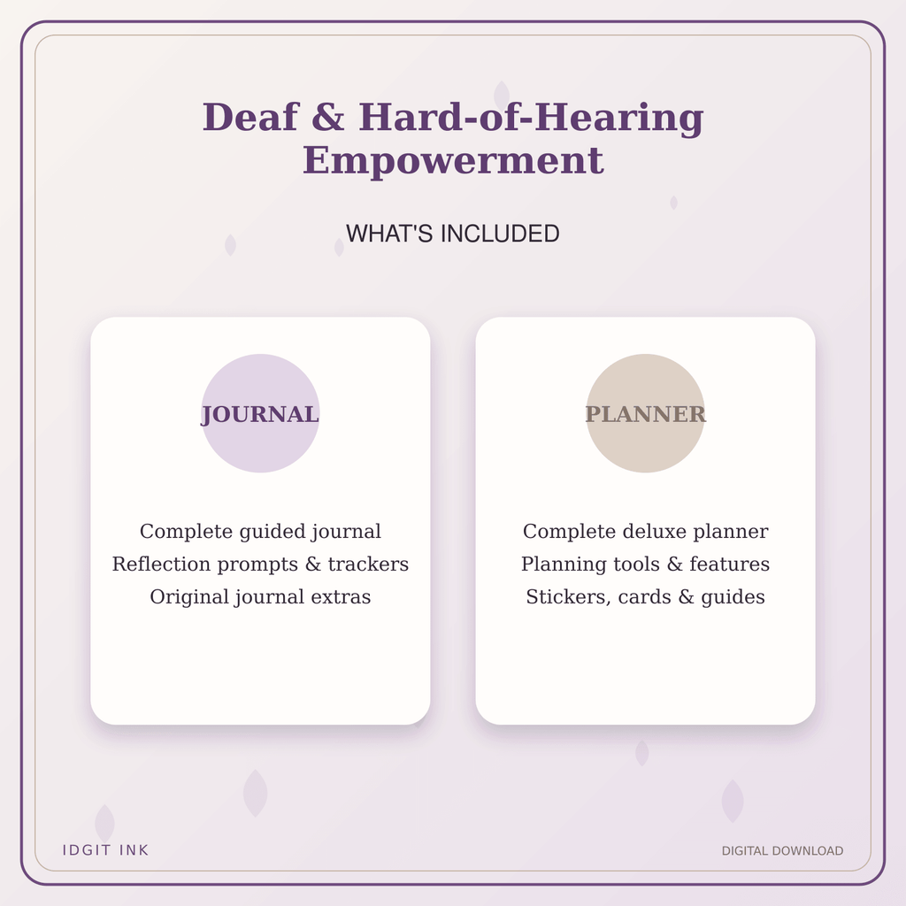 Idgit Ink Deaf & Hard-of-Hearing Empowerment deluxe journal and planner bundle — complete journal and planner bundle contents