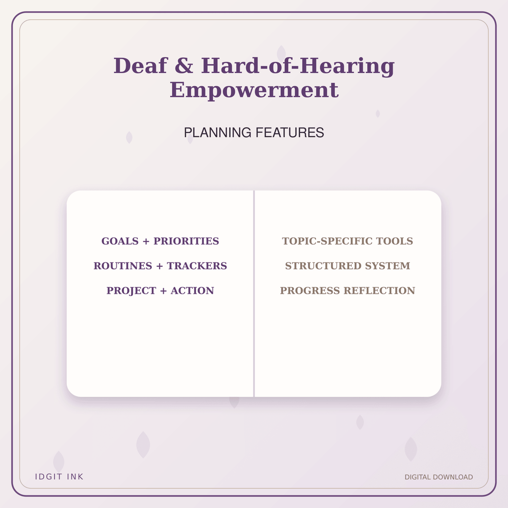 Idgit Ink Deaf & Hard-of-Hearing Empowerment deluxe journal and planner bundle — planner organization and planning features