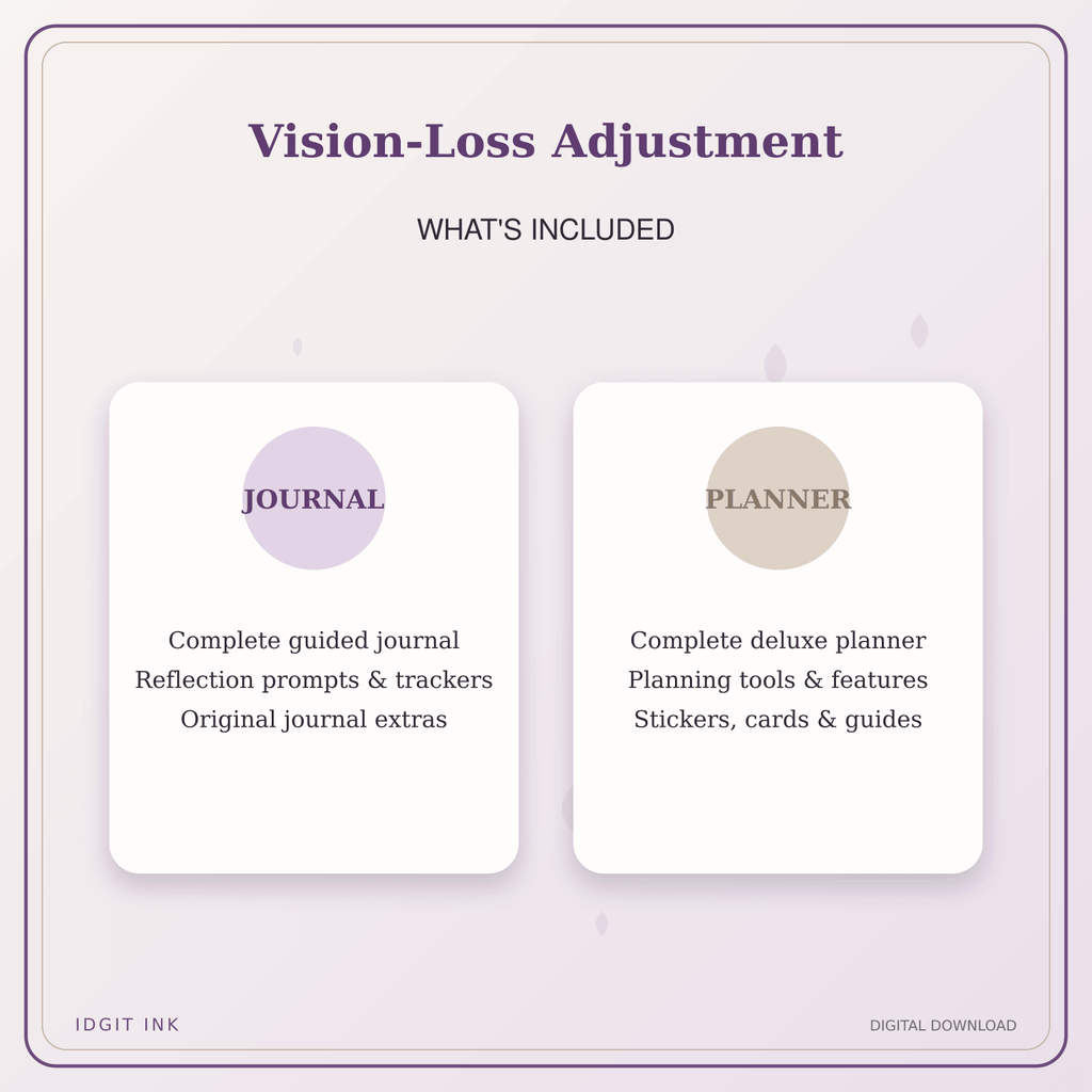 Idgit Ink Vision-Loss Adjustment deluxe journal and planner bundle — complete journal and planner bundle contents