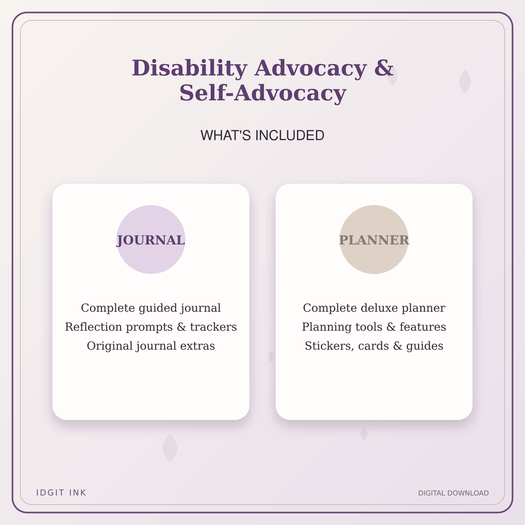 Idgit Ink Disability Advocacy & Self-Advocacy deluxe journal and planner bundle — complete journal and planner bundle contents
