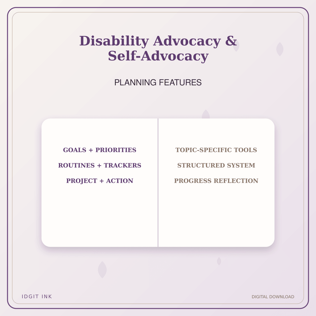 Idgit Ink Disability Advocacy & Self-Advocacy deluxe journal and planner bundle — planner organization and planning features