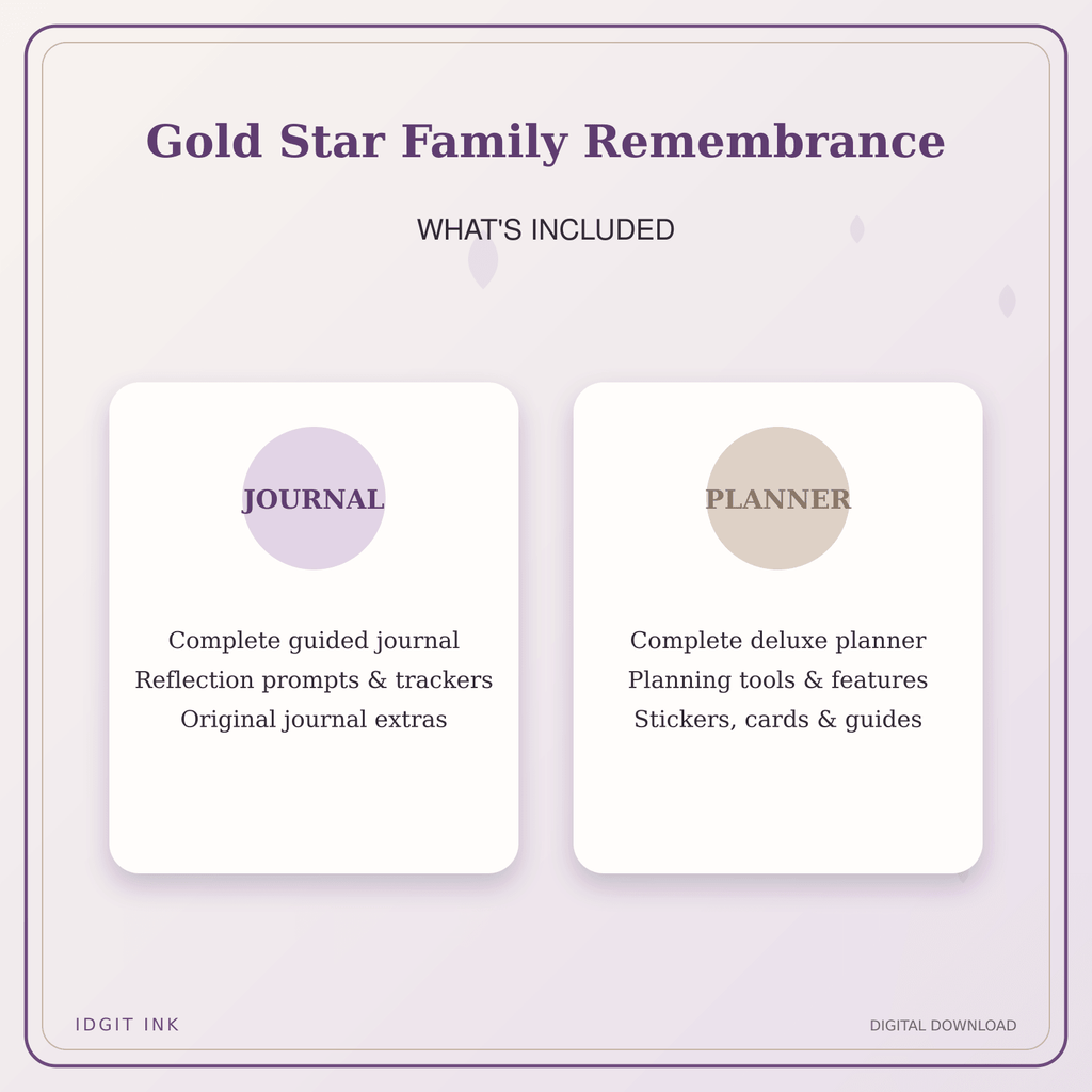 Idgit Ink Gold Star Family Remembrance deluxe journal and planner bundle — complete journal and planner bundle contents