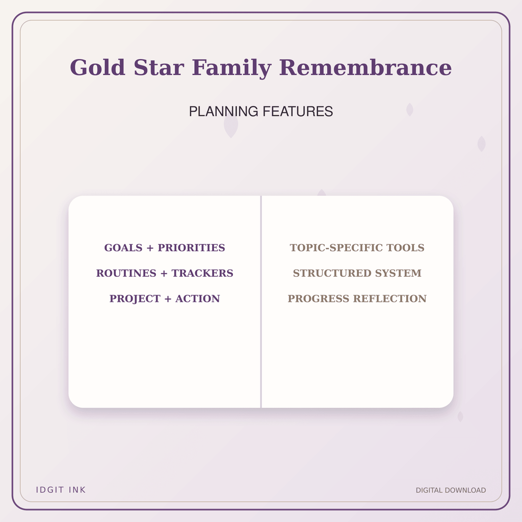 Idgit Ink Gold Star Family Remembrance deluxe journal and planner bundle — planner organization and planning features