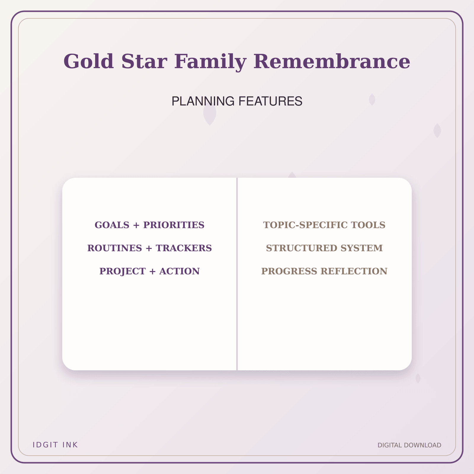 Idgit Ink Gold Star Family Remembrance deluxe journal and planner bundle — planner organization and planning features