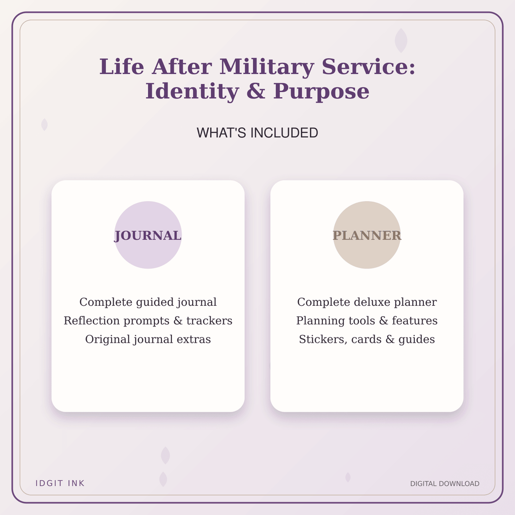 Idgit Ink Life After Military Service: Identity & Purpose deluxe journal and planner bundle — complete journal and planner bundle contents