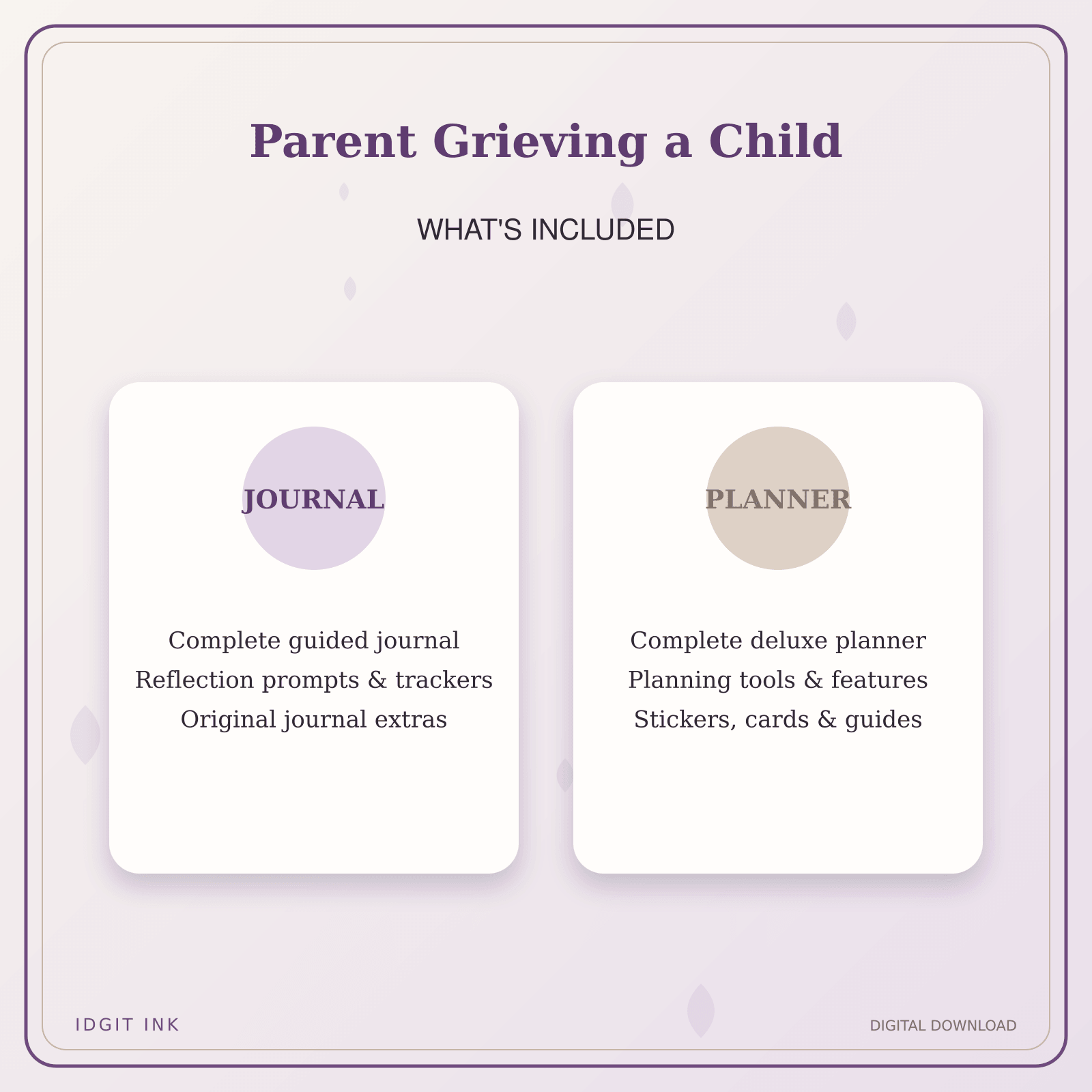 Idgit Ink Parent Grieving a Child deluxe journal and planner bundle — complete journal and planner bundle contents