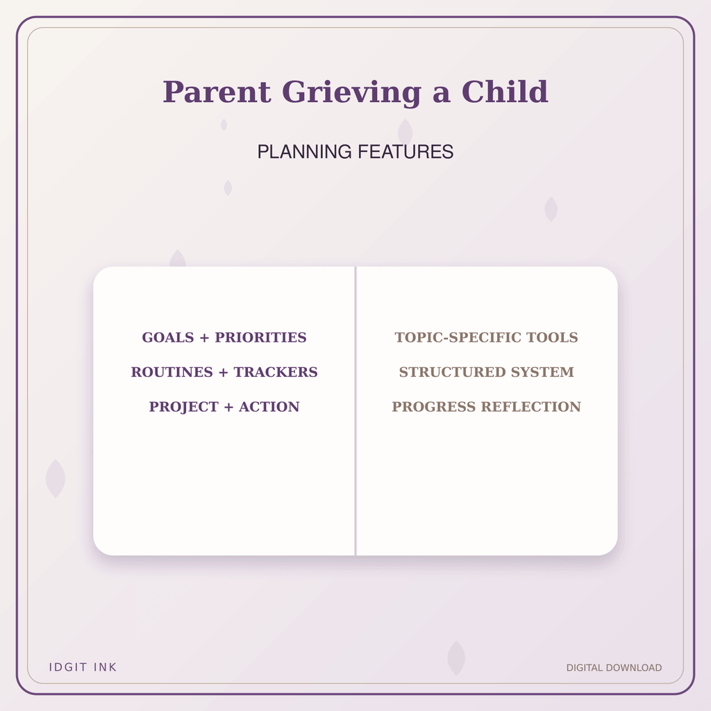 Idgit Ink Parent Grieving a Child deluxe journal and planner bundle — planner organization and planning features