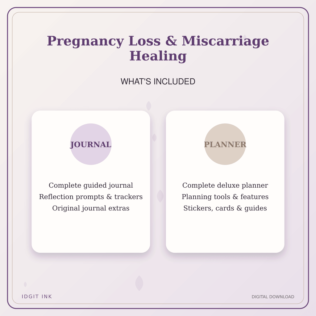 Idgit Ink Pregnancy Loss & Miscarriage Healing deluxe journal and planner bundle — complete journal and planner bundle contents