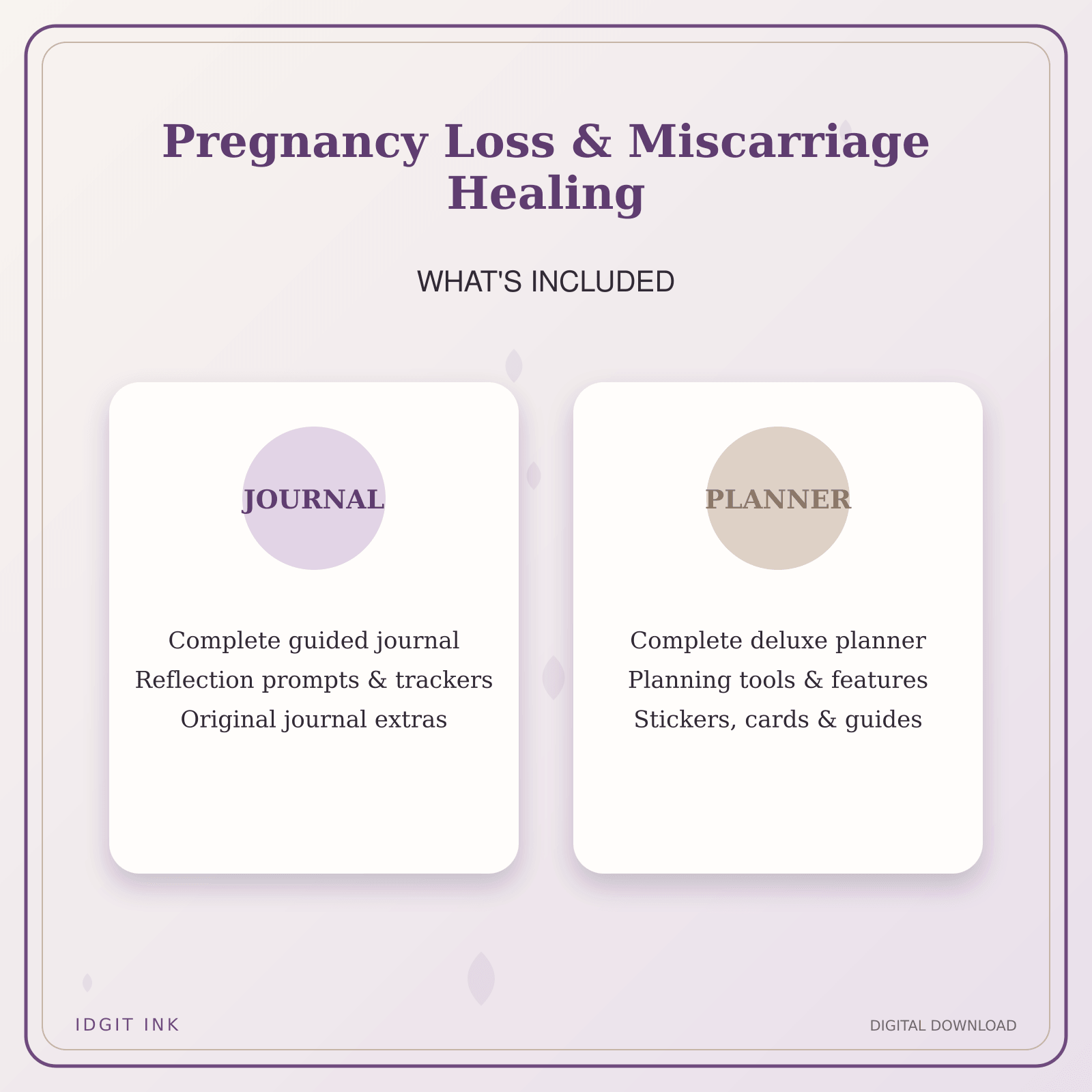 Idgit Ink Pregnancy Loss & Miscarriage Healing deluxe journal and planner bundle — complete journal and planner bundle contents