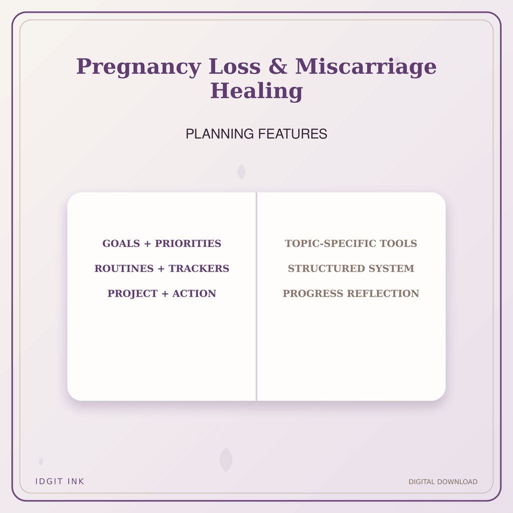 Idgit Ink Pregnancy Loss & Miscarriage Healing deluxe journal and planner bundle — planner organization and planning features