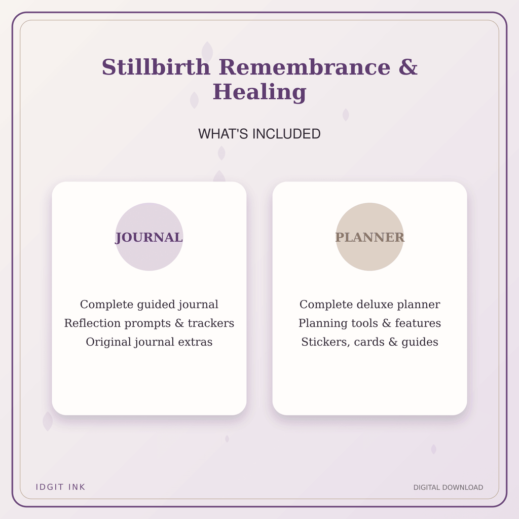 Idgit Ink Stillbirth Remembrance & Healing deluxe journal and planner bundle — complete journal and planner bundle contents
