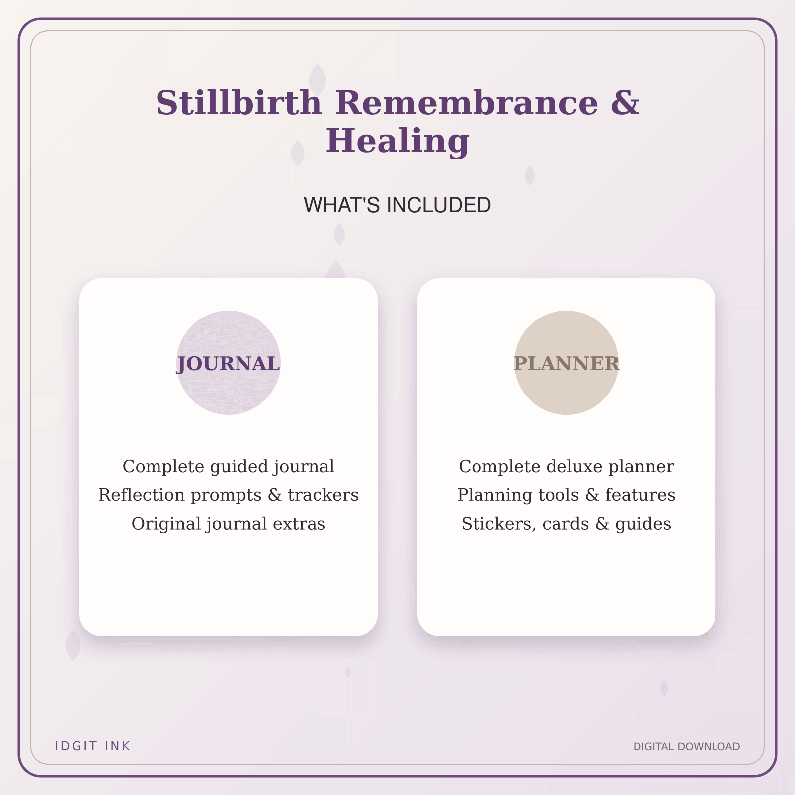 Idgit Ink Stillbirth Remembrance & Healing deluxe journal and planner bundle — complete journal and planner bundle contents