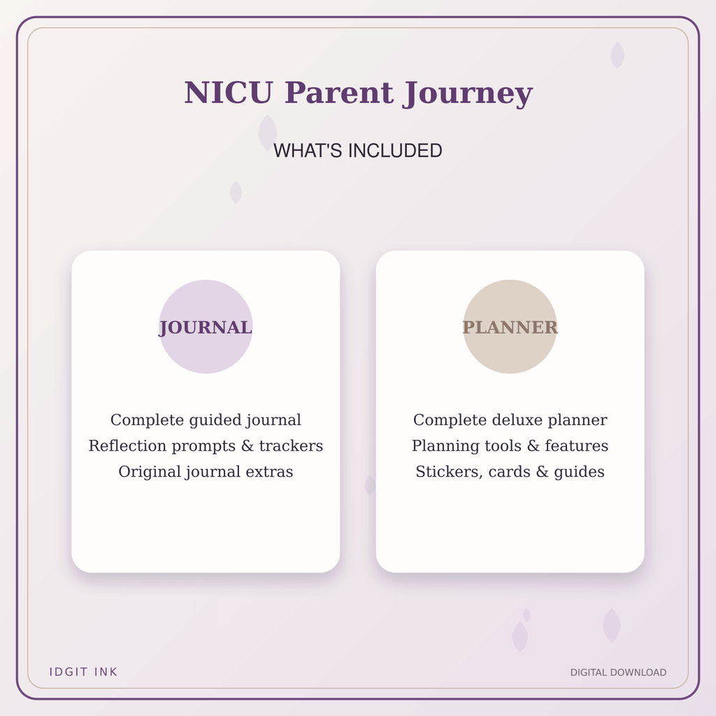 Idgit Ink NICU Parent Journey deluxe journal and planner bundle — complete journal and planner bundle contents