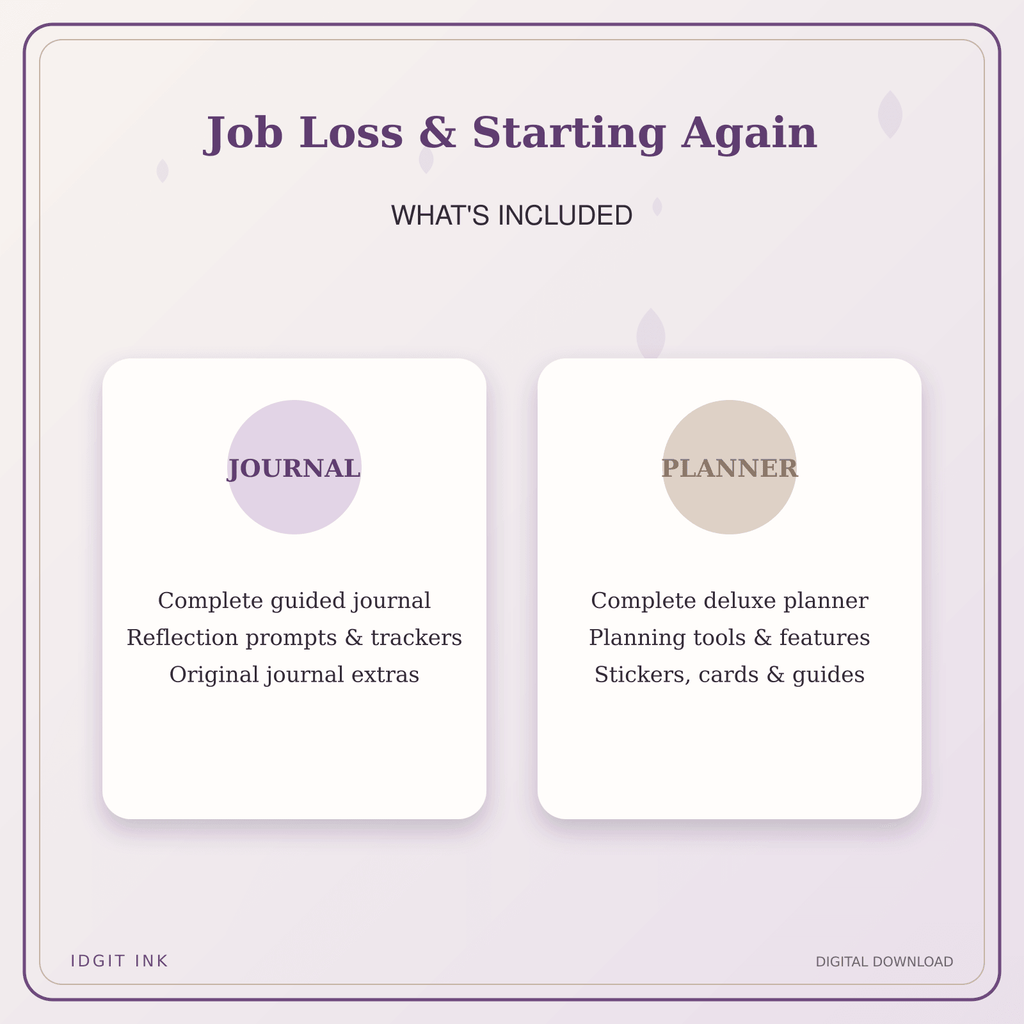 Idgit Ink Job Loss & Starting Again deluxe journal and planner bundle — complete journal and planner bundle contents