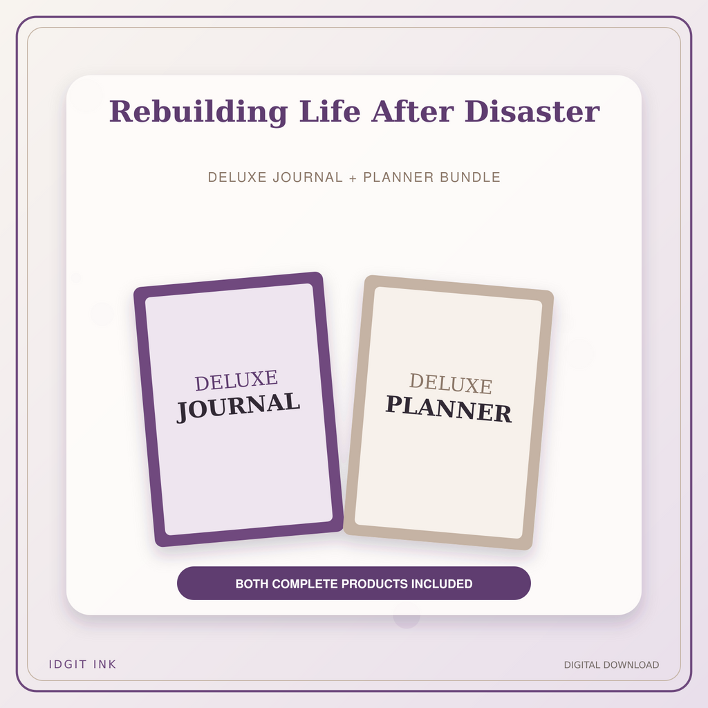 Idgit Ink Rebuilding Life After Disaster deluxe journal and planner bundle — primary bundle cover showing both deluxe products