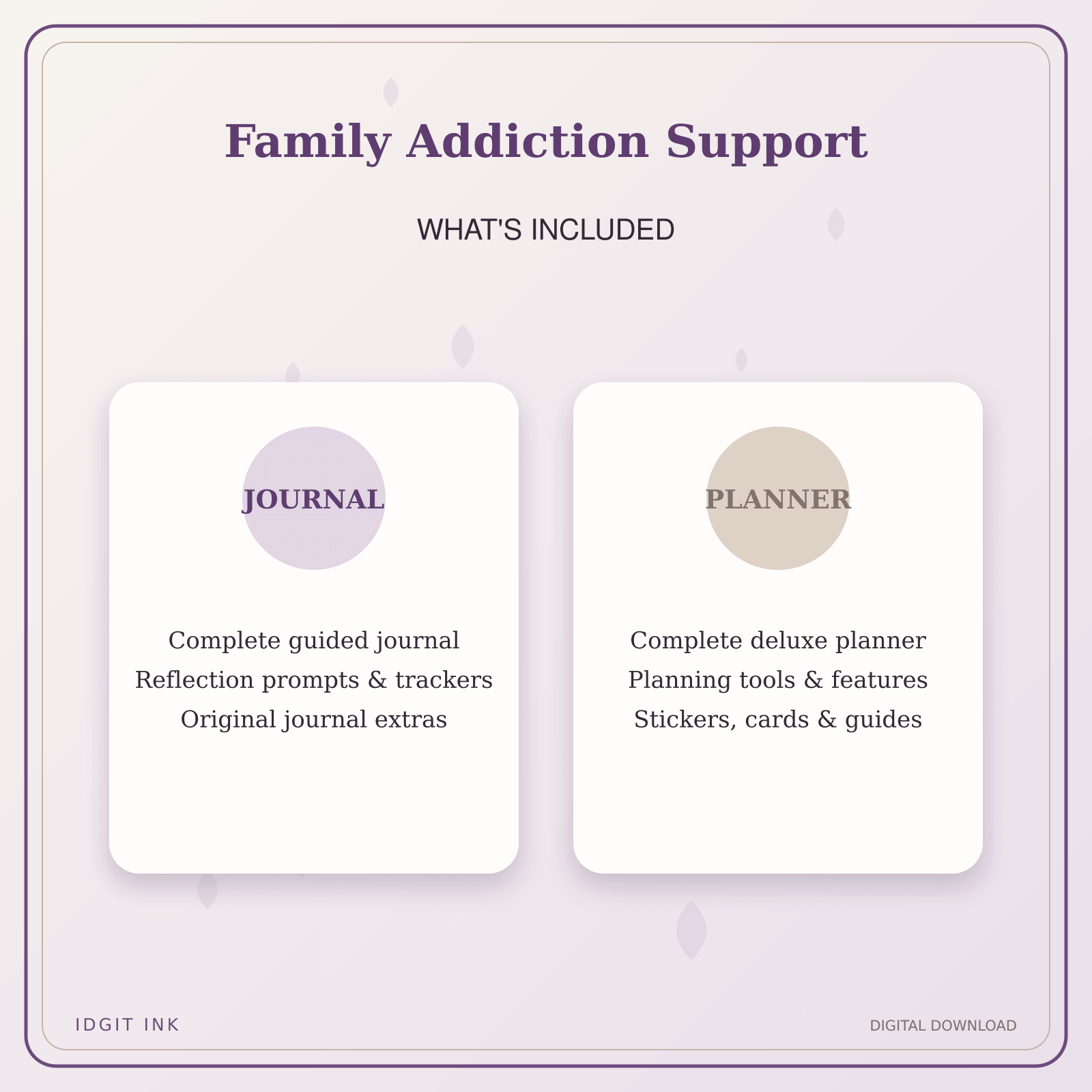 Idgit Ink Family Addiction Support deluxe journal and planner bundle — complete journal and planner bundle contents