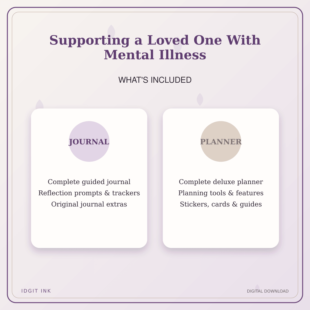 Idgit Ink Supporting a Loved One With Mental Illness deluxe journal and planner bundle — complete journal and planner bundle contents