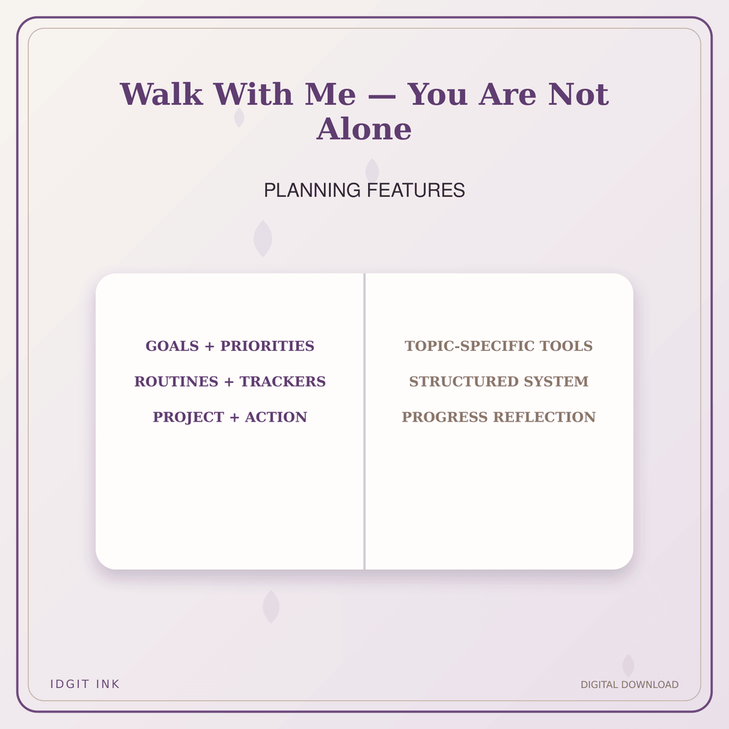 Idgit Ink Walk With Me — You Are Not Alone deluxe journal and planner bundle — planner organization and planning features