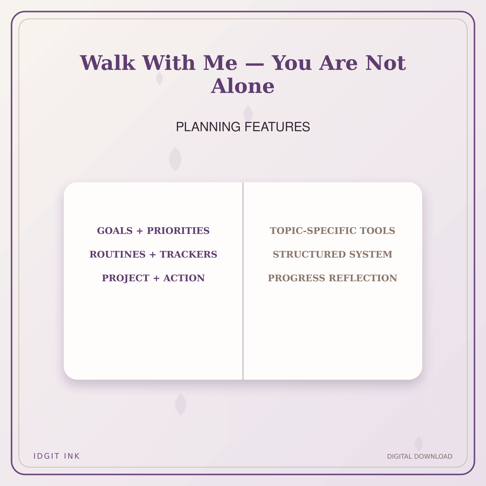 Idgit Ink Walk With Me — You Are Not Alone deluxe journal and planner bundle — planner organization and planning features