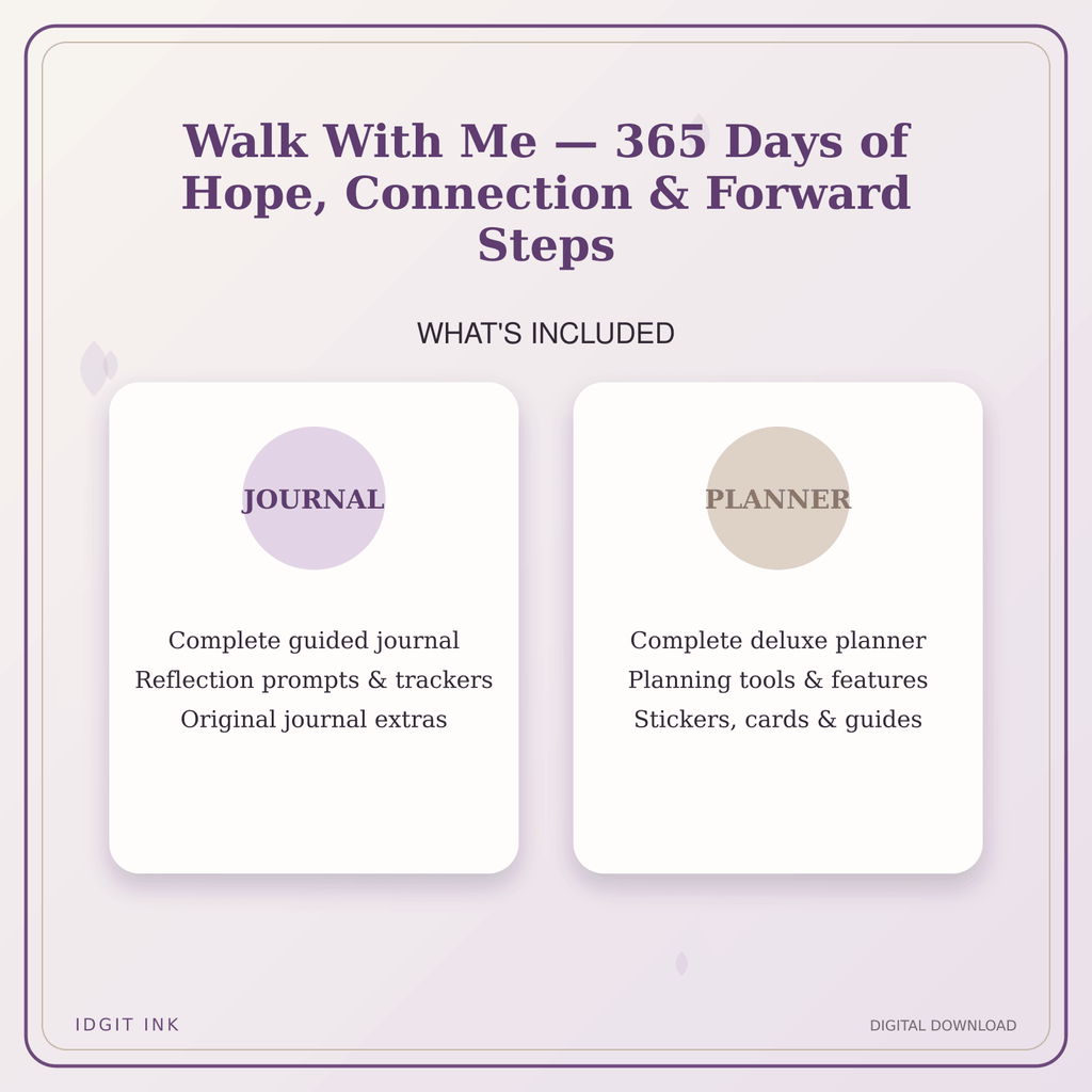 Idgit Ink Walk With Me — 365 Days of Hope, Connection & Forward Steps deluxe journal and planner bundle — complete journal and planner bundle contents