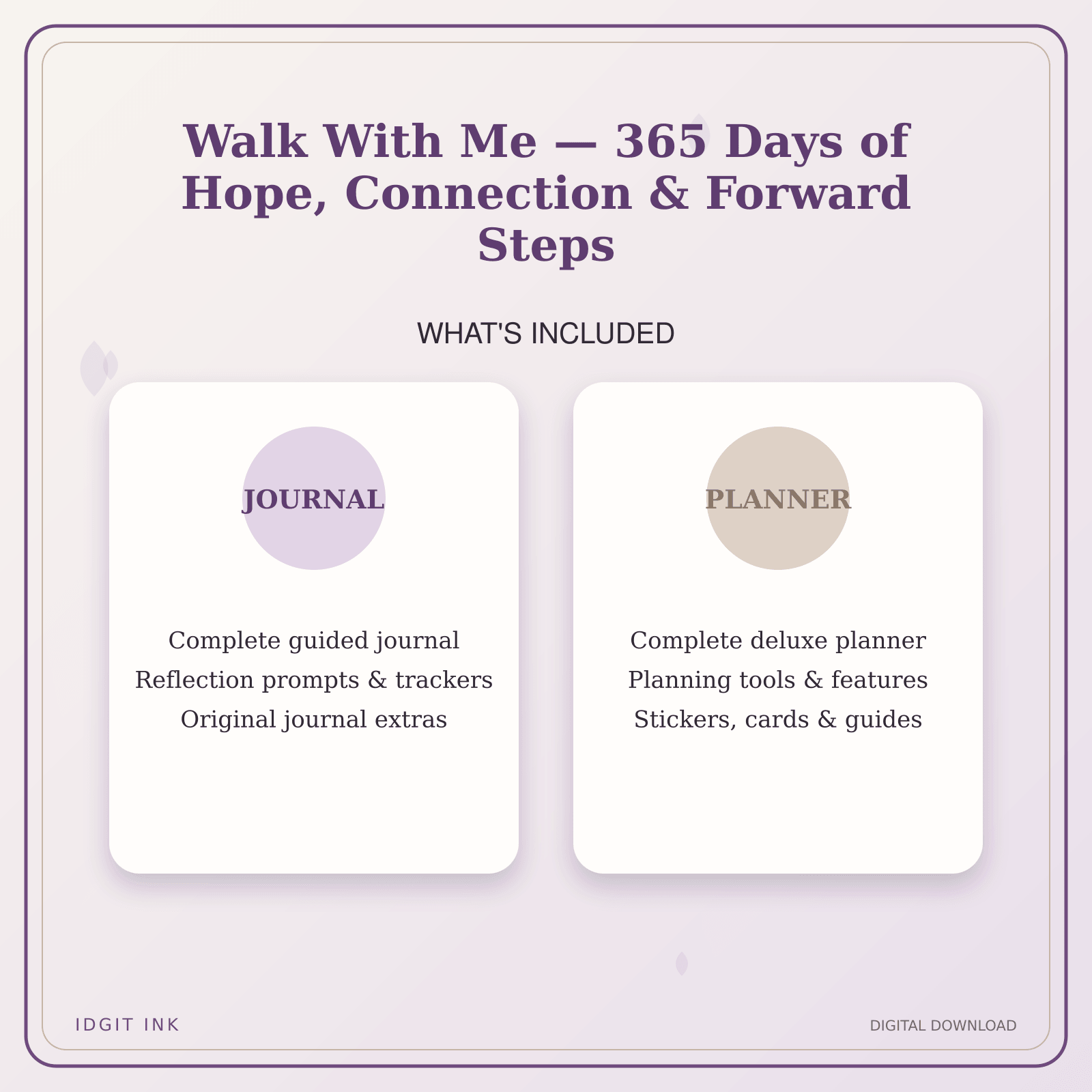 Idgit Ink Walk With Me — 365 Days of Hope, Connection & Forward Steps deluxe journal and planner bundle — complete journal and planner bundle contents