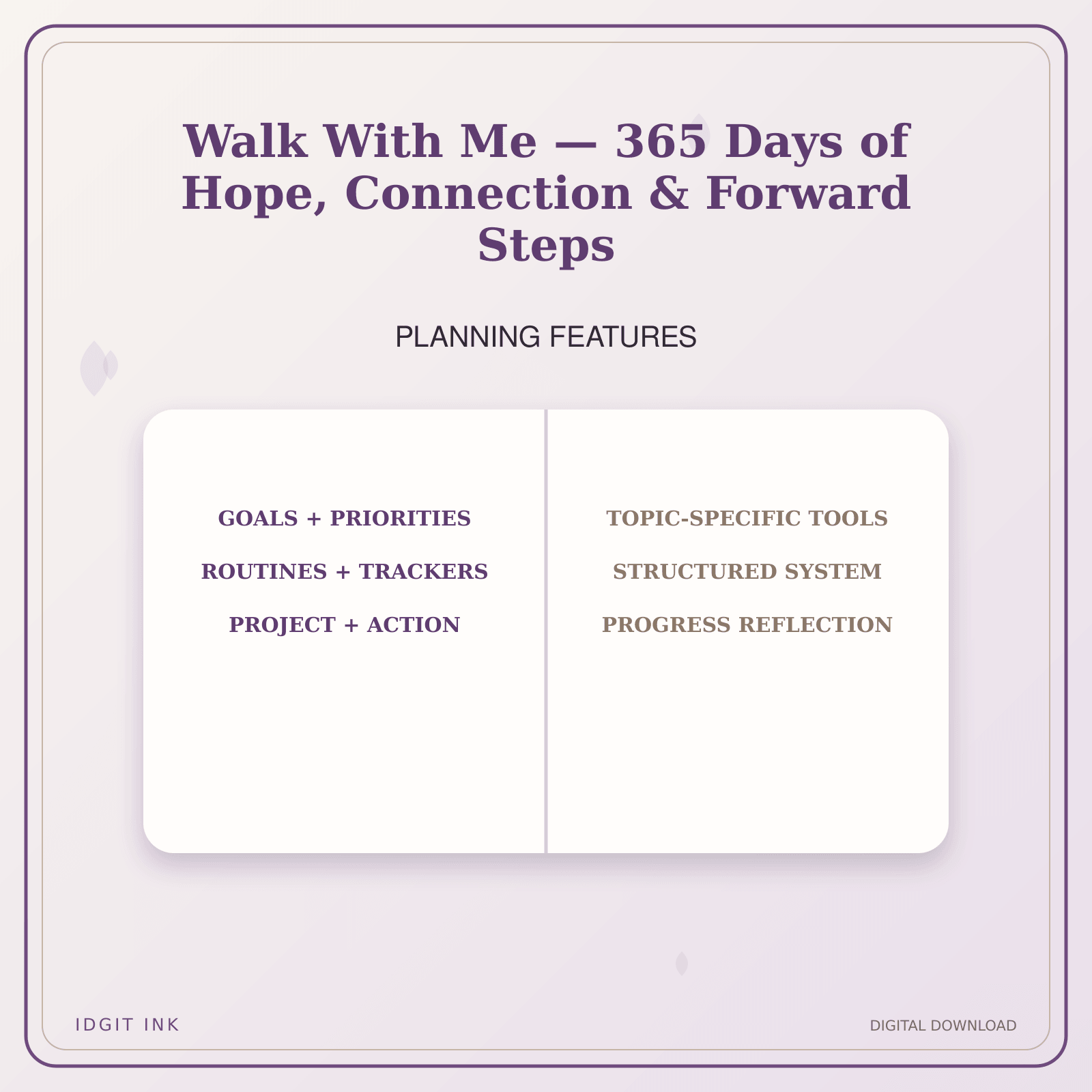 Idgit Ink Walk With Me — 365 Days of Hope, Connection & Forward Steps deluxe journal and planner bundle — planner organization and planning features