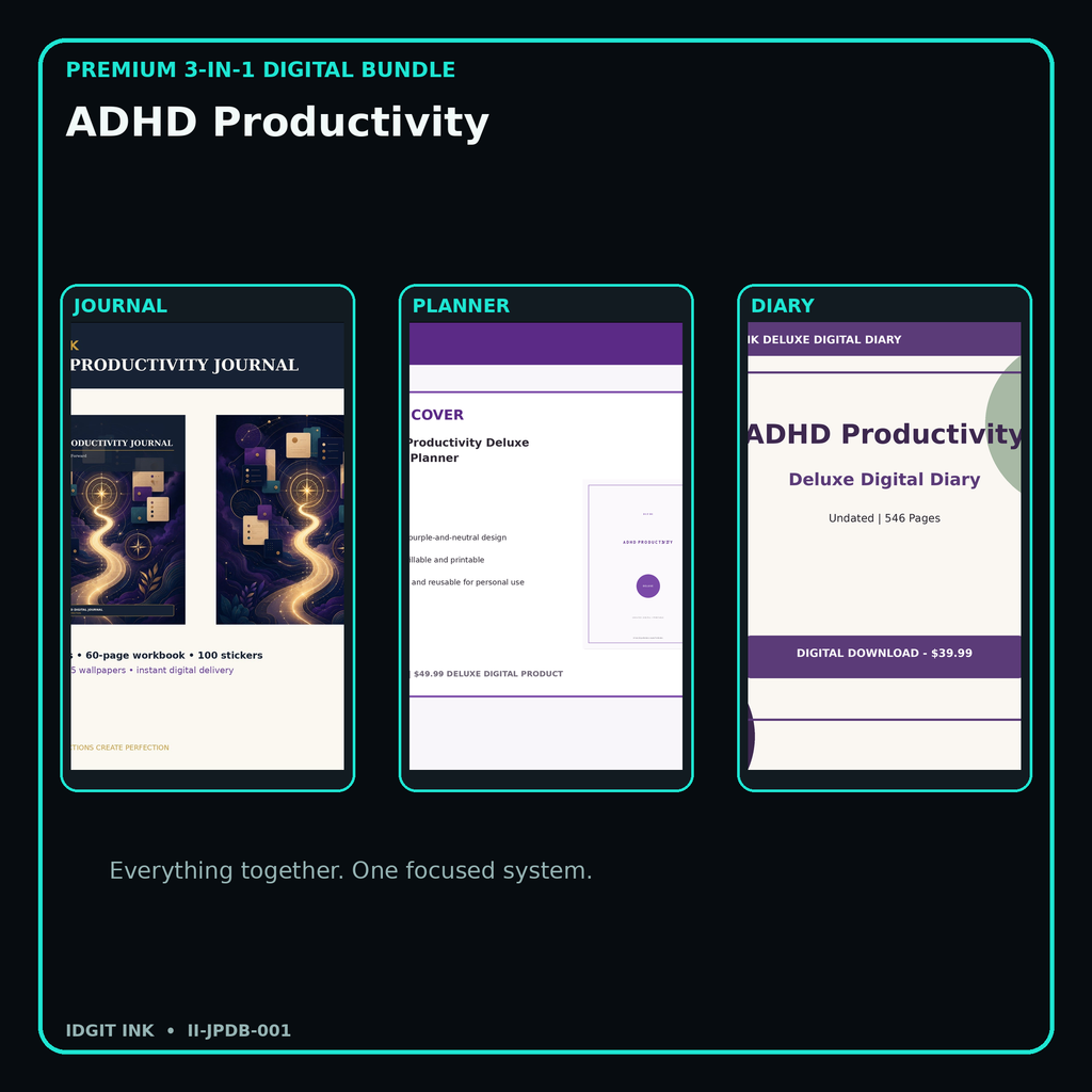 ADHD Productivity premium digital journal planner and diary bundle cover