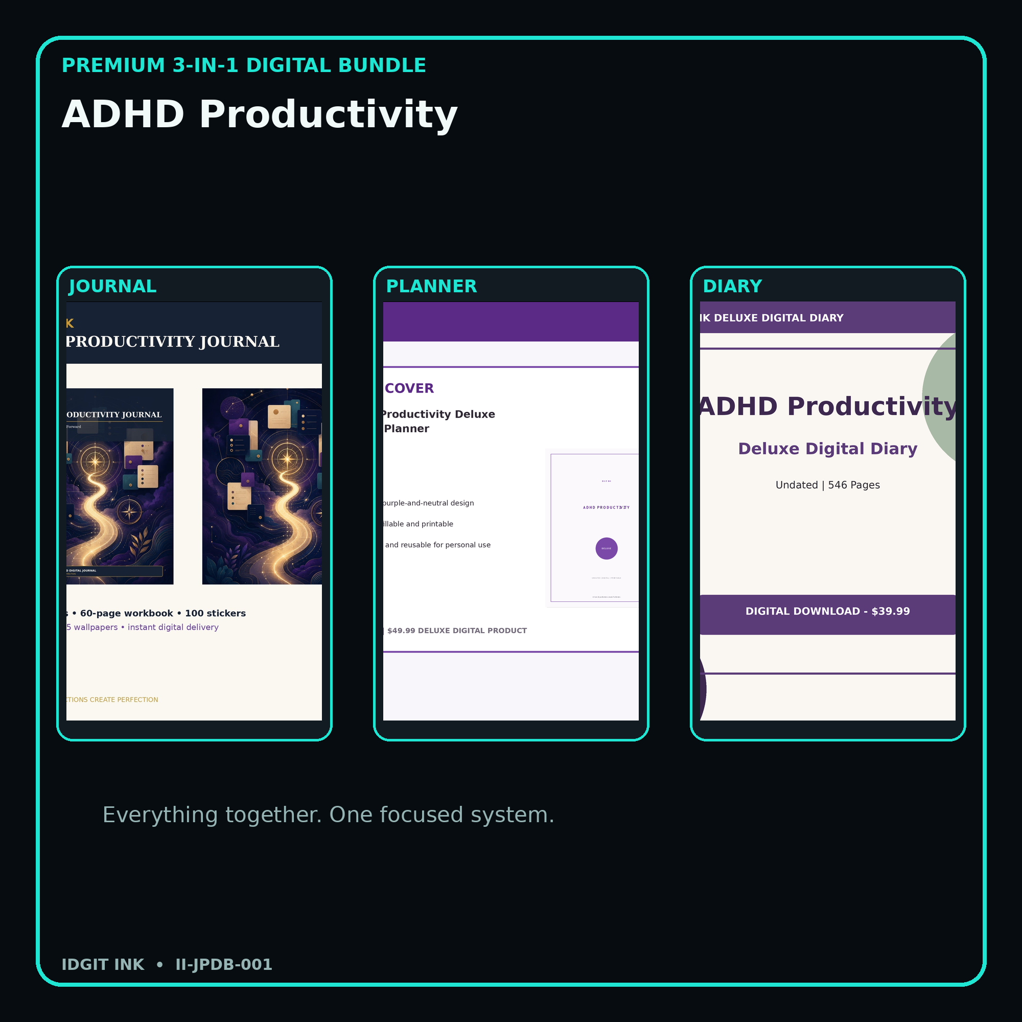ADHD Productivity premium digital journal planner and diary bundle cover