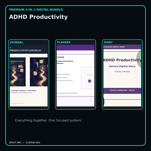 ADHD Productivity premium digital journal planner and diary bundle cover