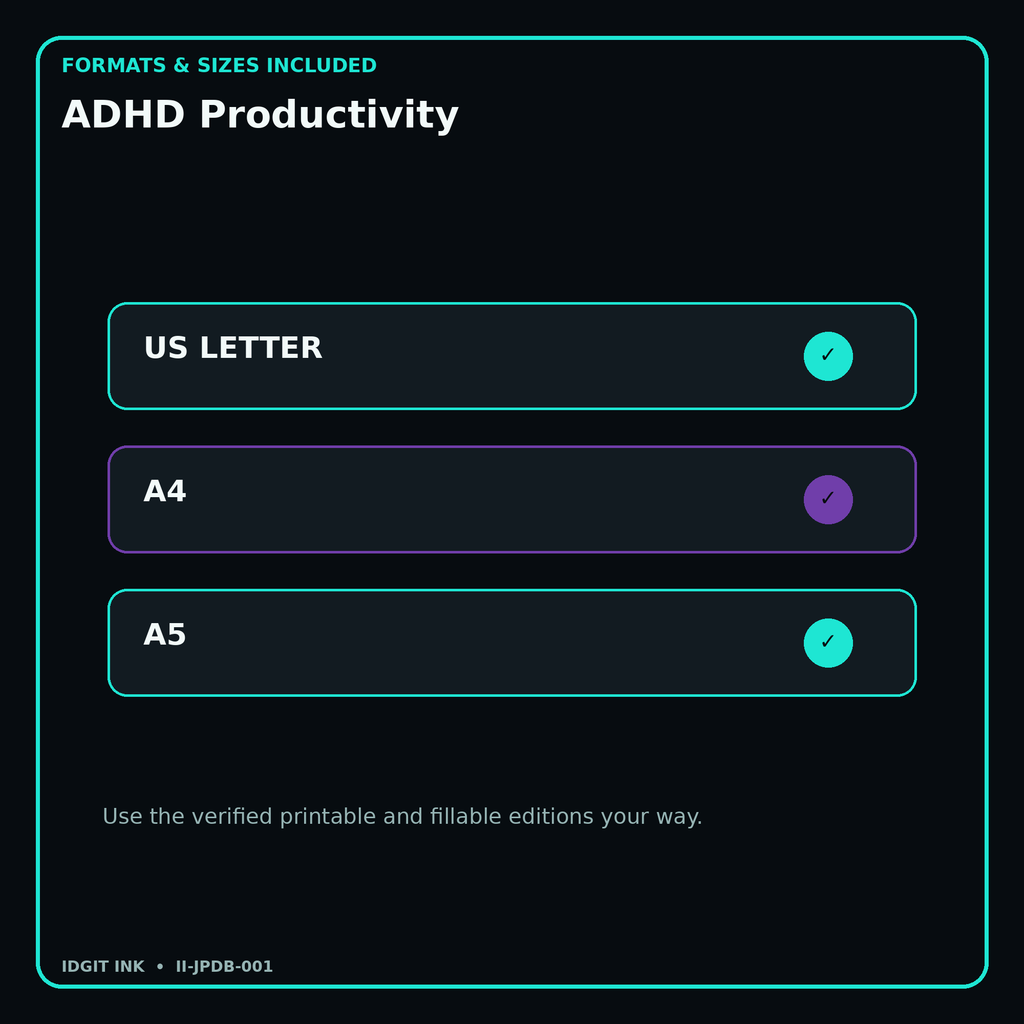 ADHD Productivity digital bundle formats in US Letter A4 and A5