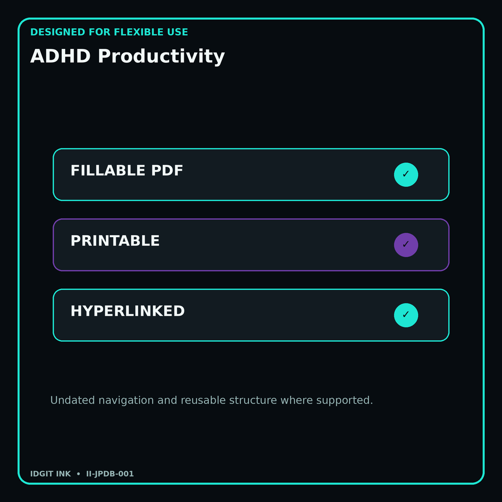 ADHD Productivity fillable printable and hyperlinked digital features