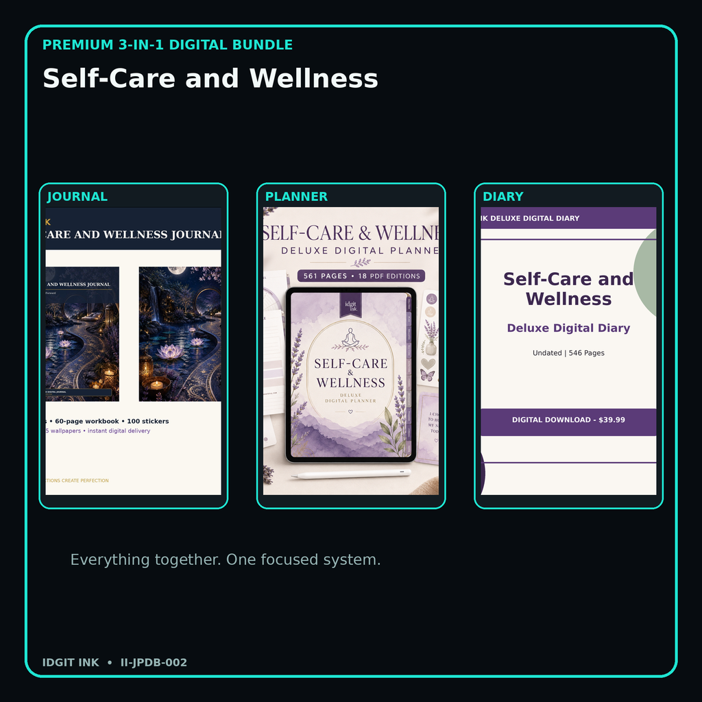 Self-Care and Wellness premium digital journal planner and diary bundle cover