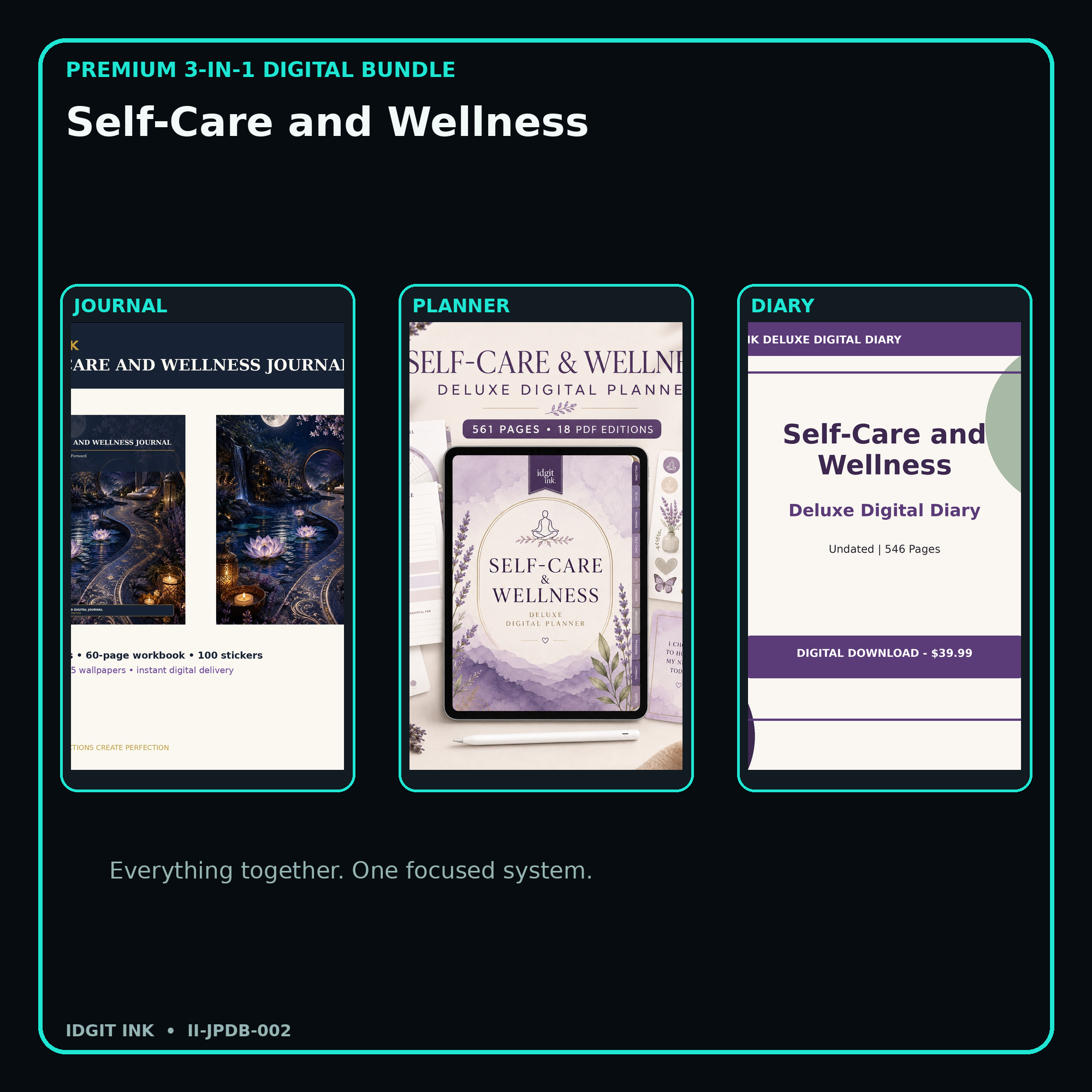 Self-Care and Wellness premium digital journal planner and diary bundle cover