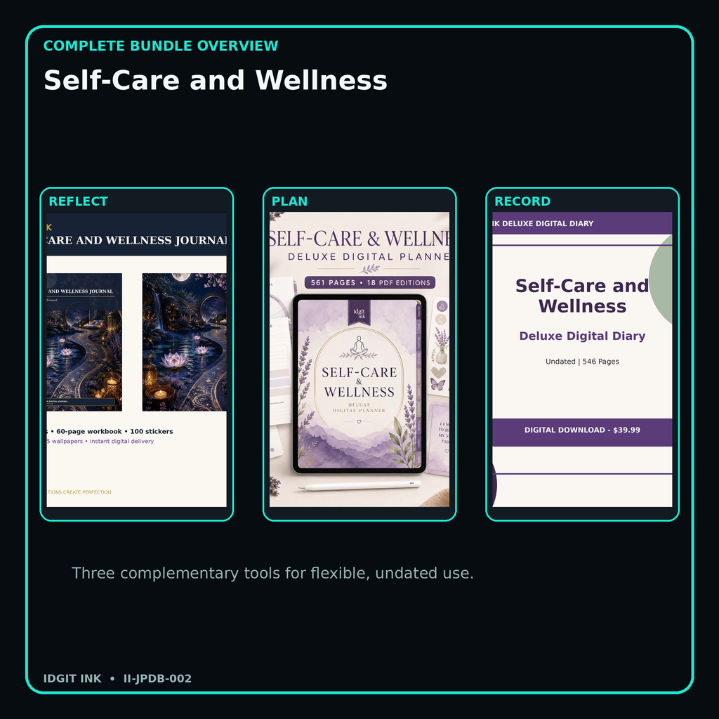 Self-Care and Wellness complete three-product digital bundle overview