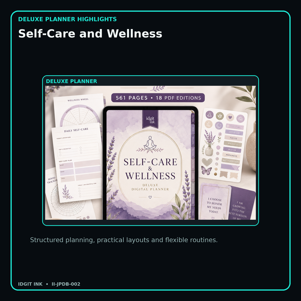 Self-Care and Wellness deluxe digital planner features and flexible organization