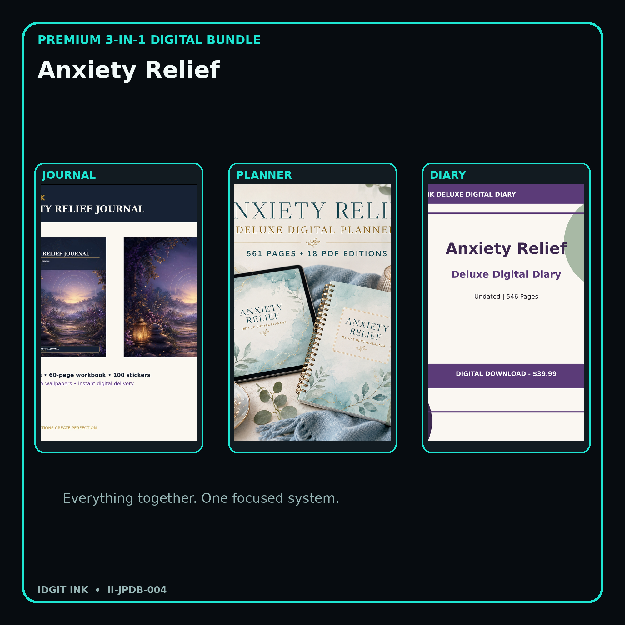Anxiety Relief premium digital journal planner and diary bundle cover